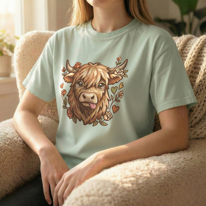 Light green Highland cow graphic tee shown on seated model indoors