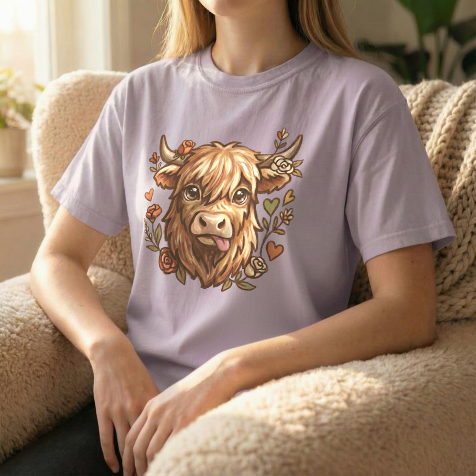 Orchid Highland cow t-shirt styled on seated model in cozy room