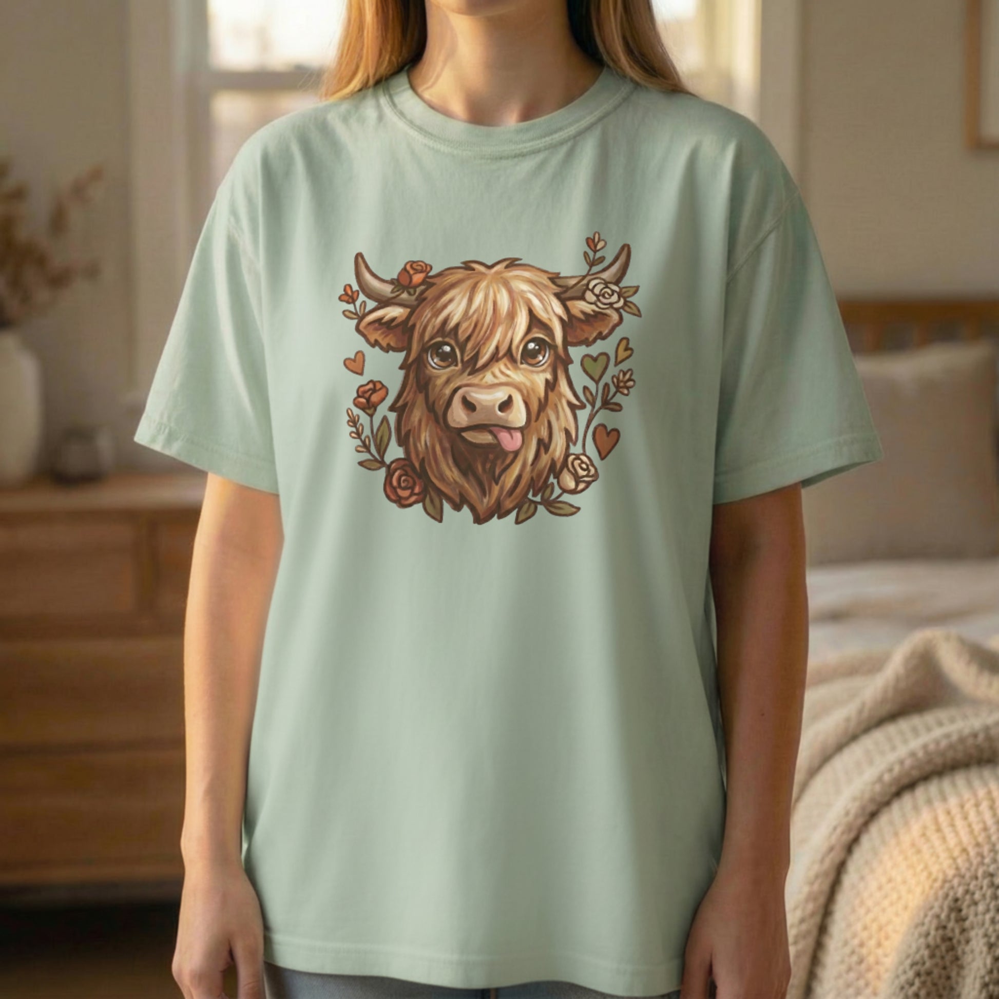 Highland cow illustration t-shirt in light green worn by standing model