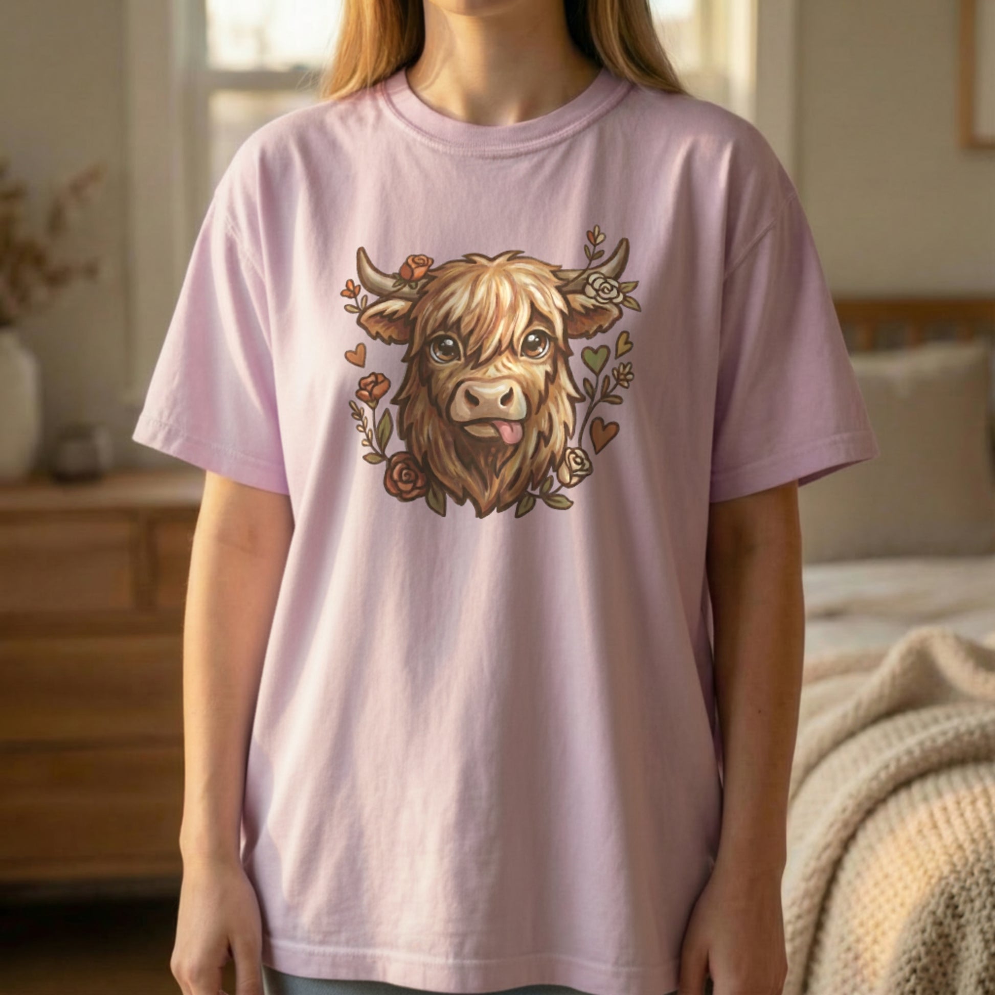 Highland cow floral graphic tee in orchid worn by standing model