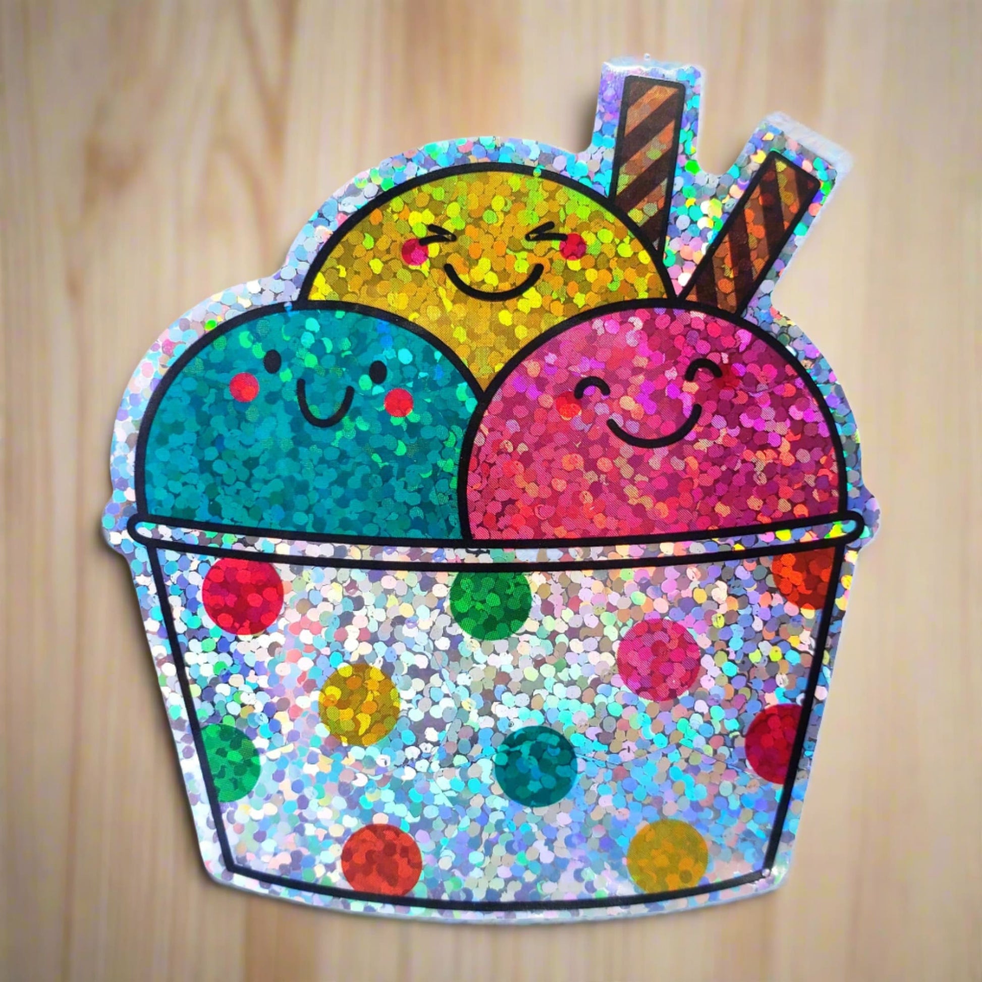 Holographic Ice Cream Sticker with Smiling Faces from Confetti Kitty, Only 2