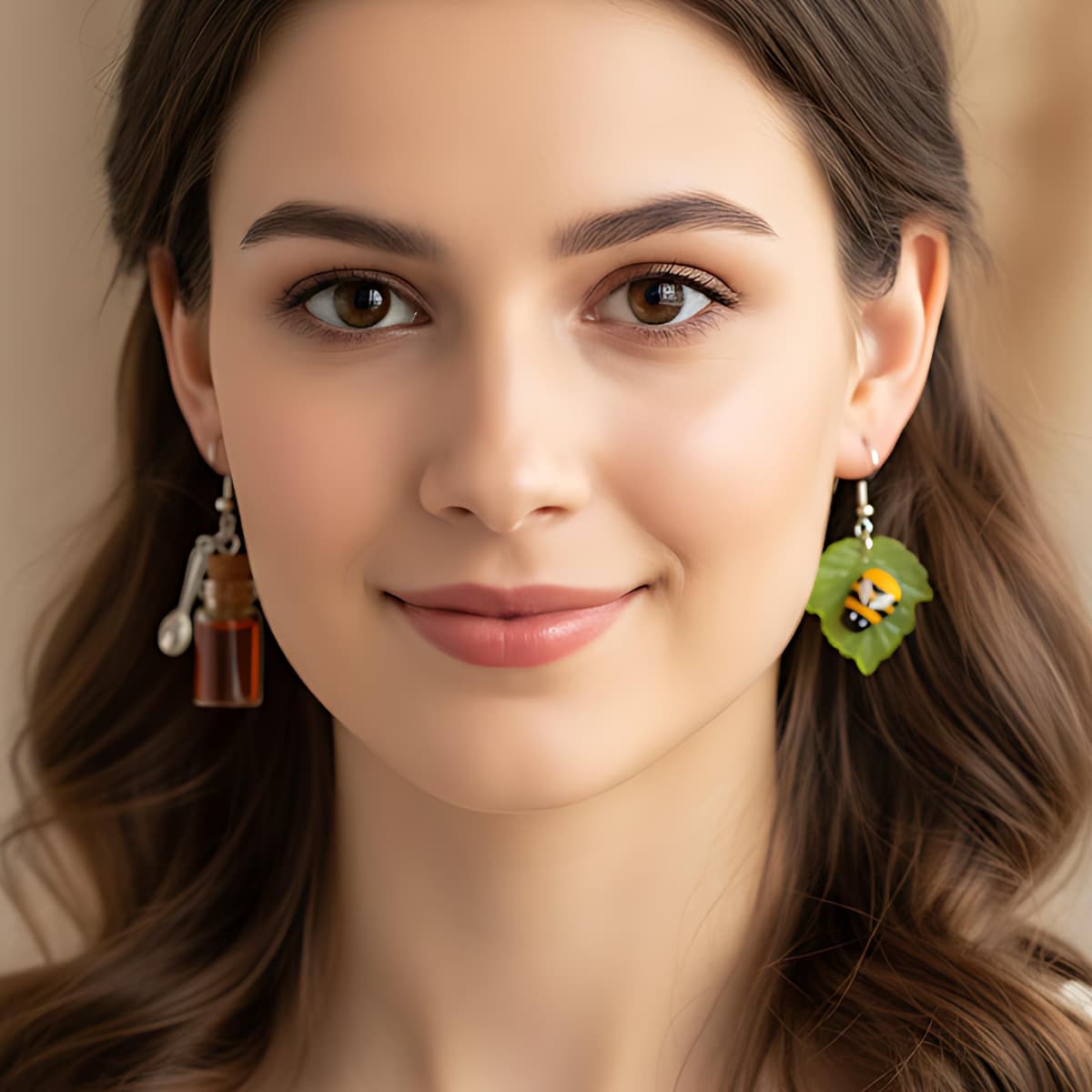 Model wearing mismatched honey jar earring and bee leaf earring, quirky kawaii jewelry