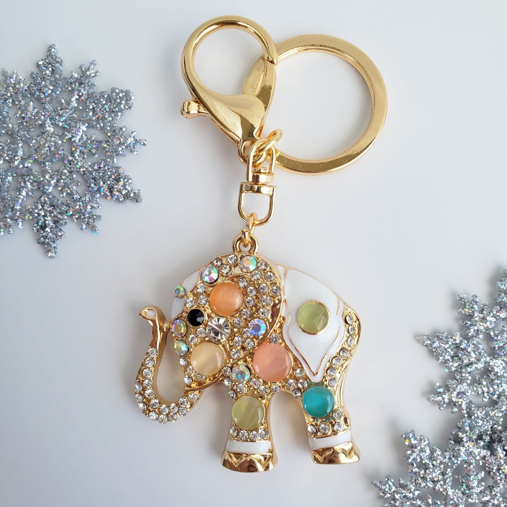 Iridescent and Colorful Cat's Eye Jeweled Elephant Keychain Bag Charm from Confetti Kitty, Only 12