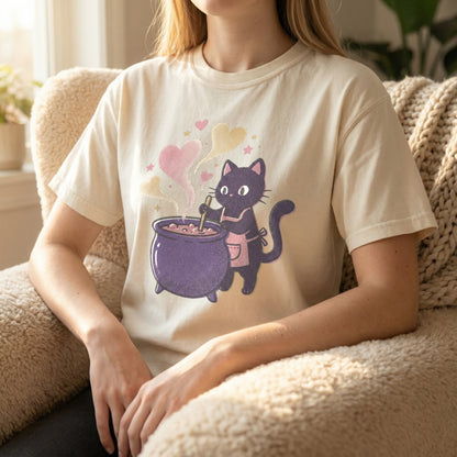Woman sitting in a fuzzy chair wearing an ivory t-shirt with a pixel art black cat and purple cauldron design.