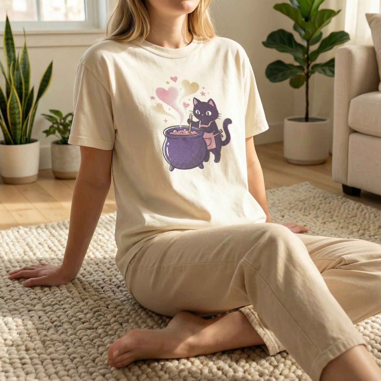 Woman sitting on a rug on the floor wearing an ivory t-shirt with a pixel art black cat and purple cauldron design.