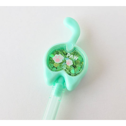 close-up of the mint green kitty shaker pen topper with sequin shaker on white background
