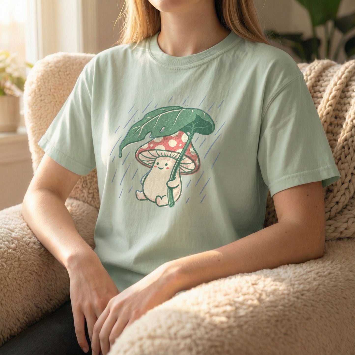 Woman sitting in a fuzzy armchair wearing a light green t-shirt with a cute mushroom and rain illustration.