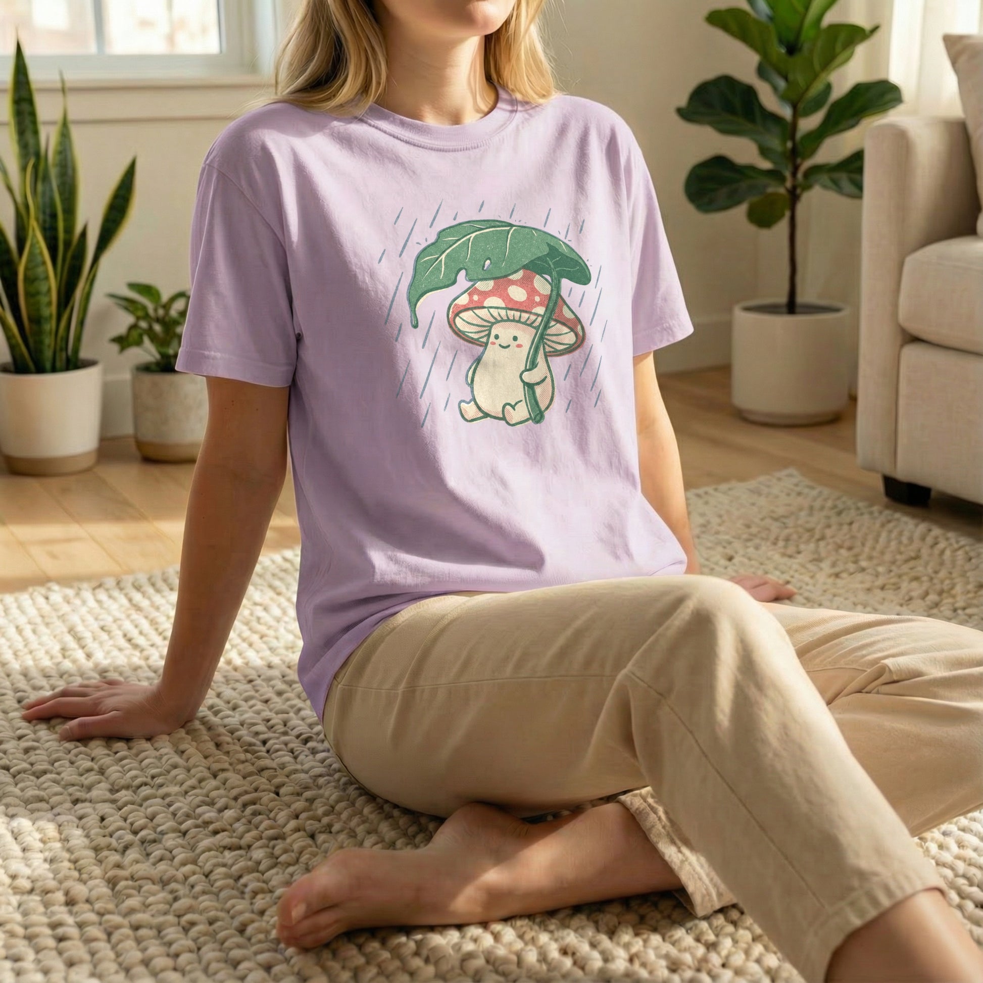 Woman sitting on a rug on the floor wearing an orchid purple t-shirt with a vintage mushroom rain design.