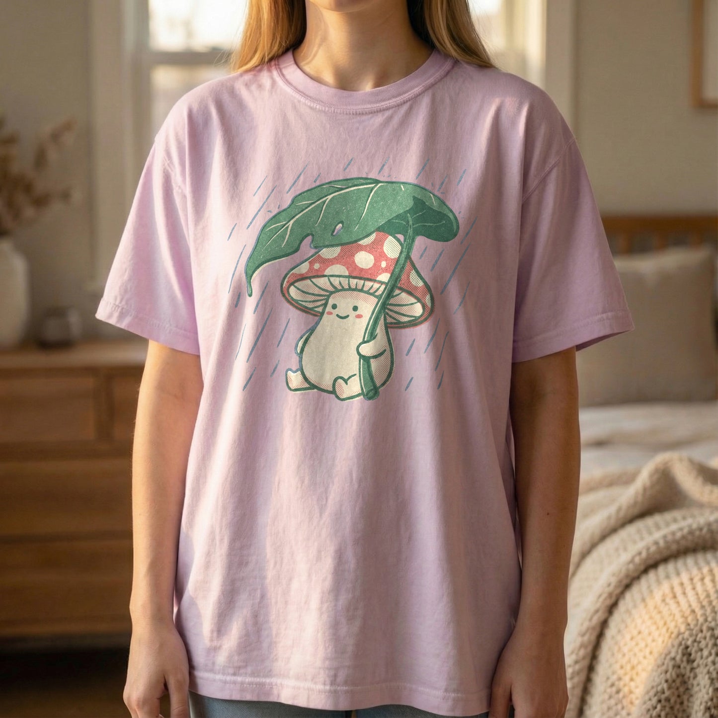 Mockup of a woman standing and wearing an orchid purple t-shirt with a vintage mushroom holding a leaf umbrella design.