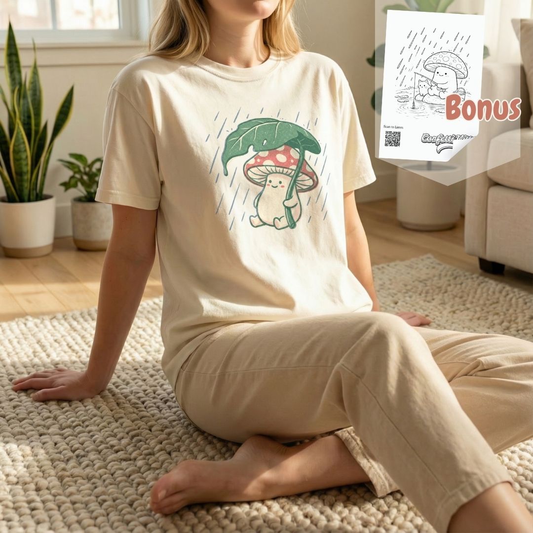 Woman sitting on a rug wearing an ivory mushroom t-shirt, next to a graphic indicating free bonus coloring pages included with purchase.
