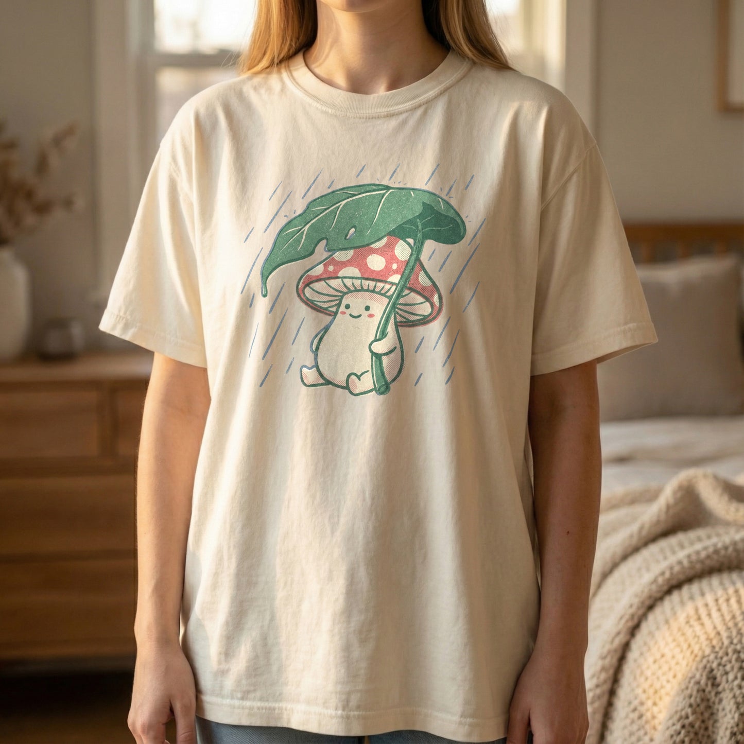 Flat lay view of an ivory Comfort Colors t-shirt featuring a vintage-style illustration of a cute mushroom holding a green leaf umbrella in the rain.