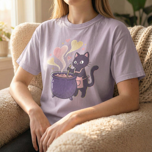 Woman sitting in a fuzzy chair wearing an orchid t-shirt with a pixel art black cat and purple cauldron design.