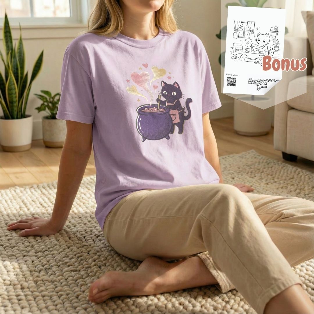 Woman sitting on a rug wearing an orchid t-shirt, featuring a bundle image with coloring pages.