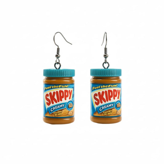 Matching peanut butter jar dangle earrings with turquoise lids on white background; novelty food jar style, no brand affiliation