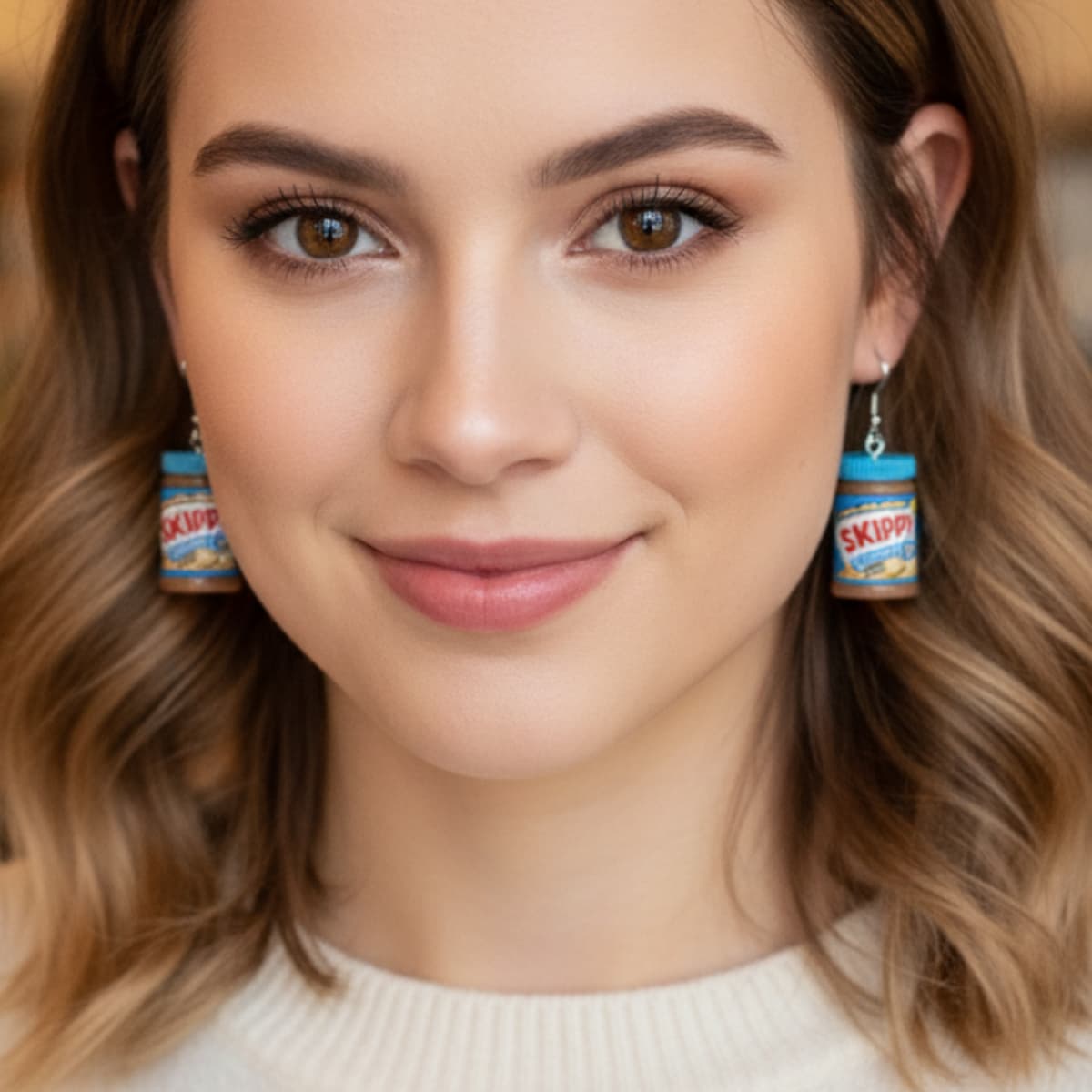Model wearing peanut butter jar dangle earrings, cute foodie jewelry