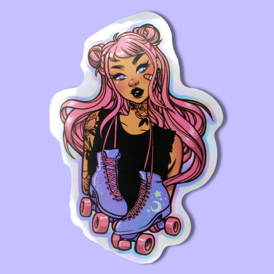 Pink Hair Skater Girl with Purple Skates Waterproof Holographic Sticker from Confetti Kitty, Only 1