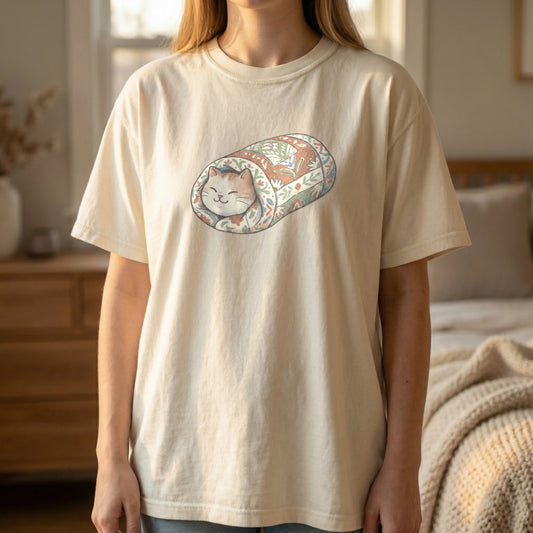 Ivory Comfort Colors t-shirt with a cute quilted cat burrito graphic on the front, flat mockup.