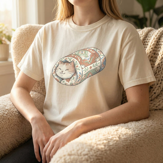 Model wearing an ivory Comfort Colors tee featuring a cozy quilted cat burrito design while sitting on a couch.