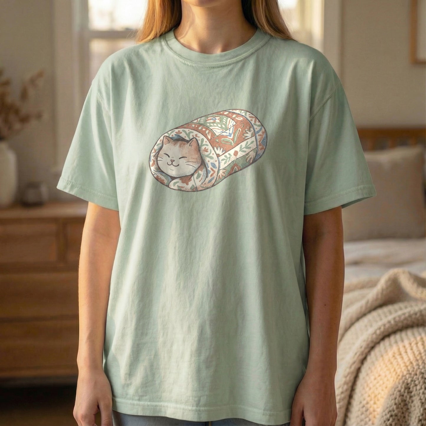 Light green Comfort Colors t-shirt with a kawaii quilted cat burrito illustration, flat mockup.