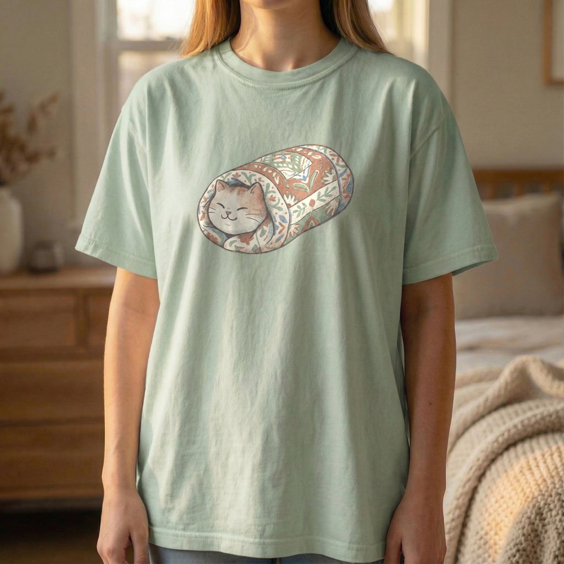 Light green Comfort Colors t-shirt with a kawaii quilted cat burrito illustration, flat mockup.