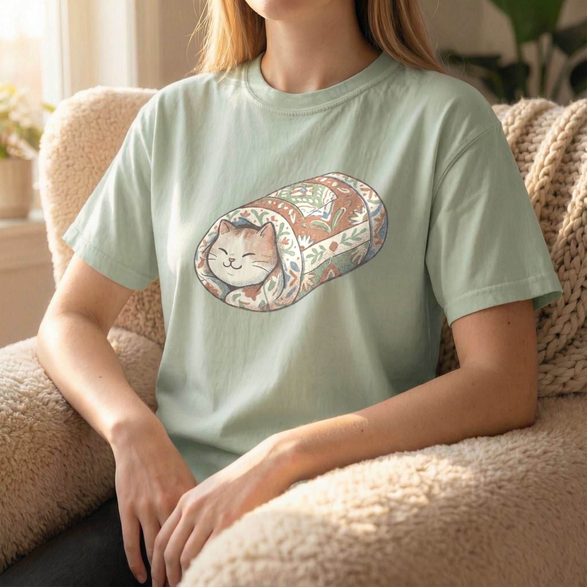 Model wearing a light green Comfort Colors tee with a cute quilted cat burrito graphic while relaxing on the couch.