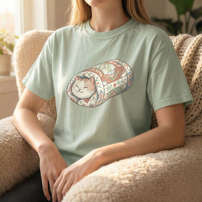 Model wearing a light green Comfort Colors tee with a cute quilted cat burrito graphic while relaxing on the couch.