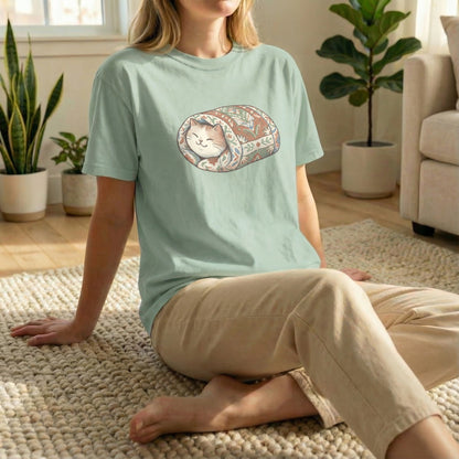 Model sitting on the floor in a light green Comfort Colors shirt featuring a cozy quilted cat burrito design.