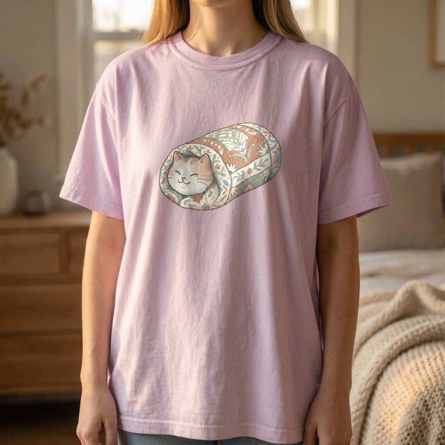Orchid Comfort Colors t-shirt with a sweet quilted cat burrito graphic on the front, flat mockup.