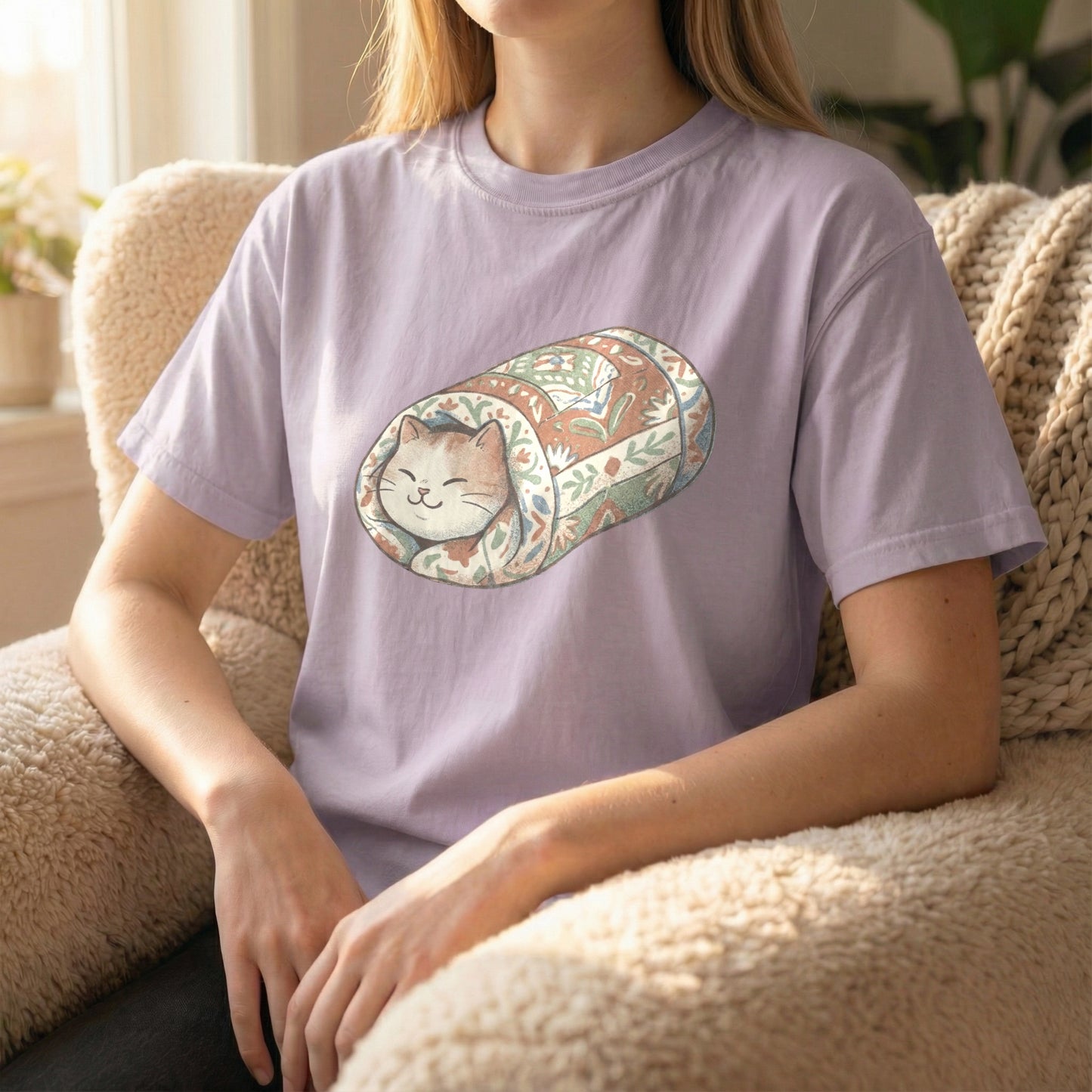 Model wearing an orchid Comfort Colors tee with a charming quilted cat burrito illustration while seated on a couch.