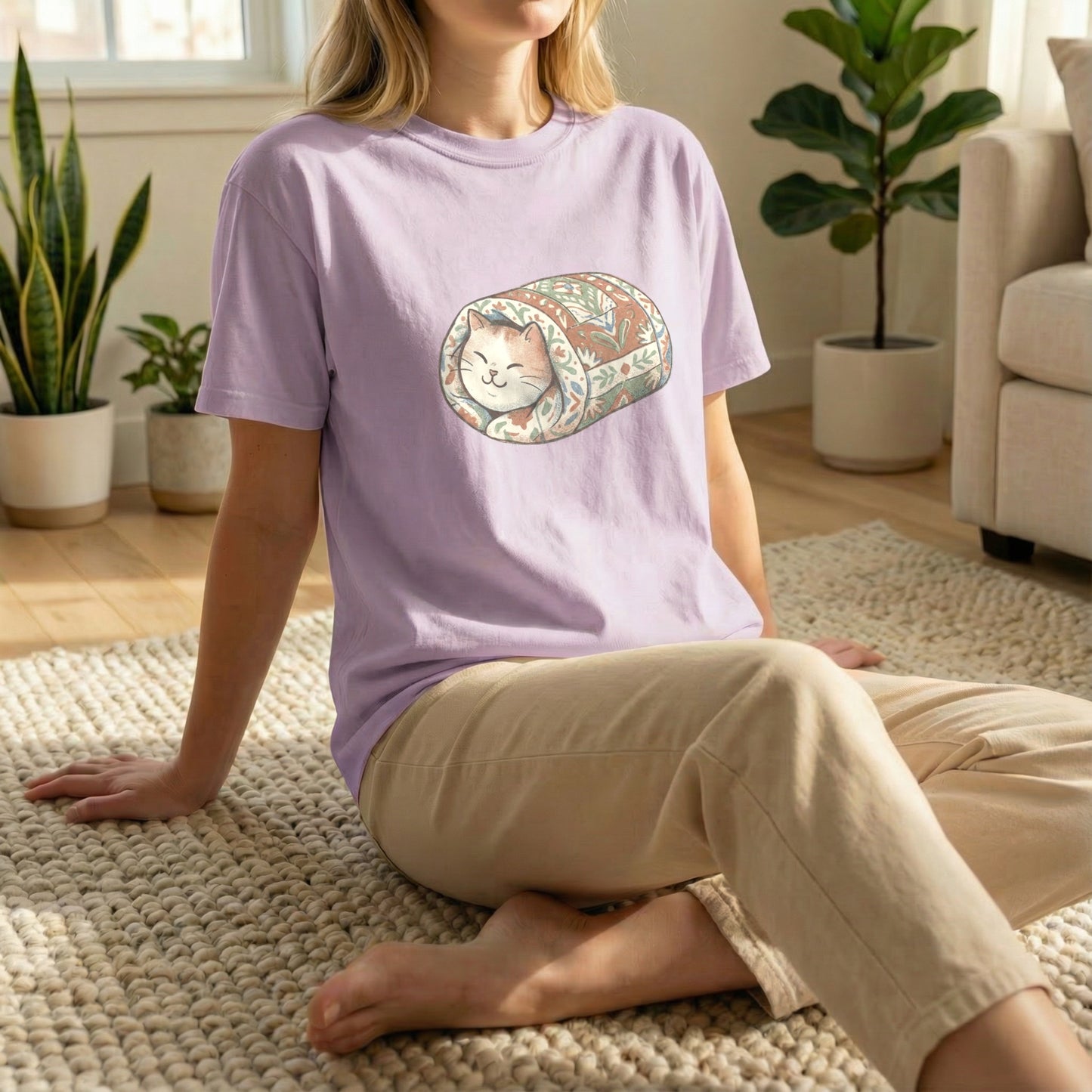 Model sitting on the floor wearing an orchid Comfort Colors shirt featuring a cute quilted cat burrito design.