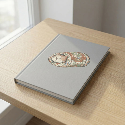 Confetti Kitty hardcover journal featuring a cute cat wrapped in a vintage quilt on the cover, resting on a wooden desk.