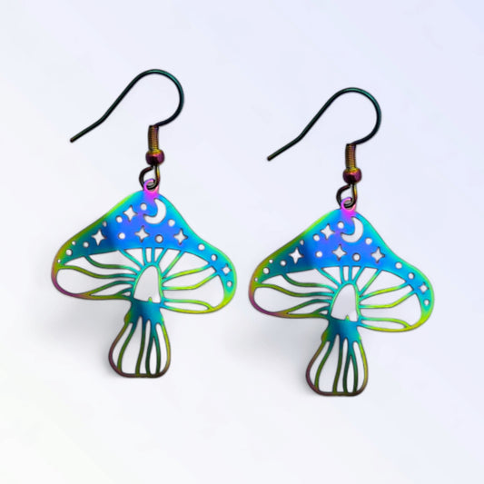 Rainbow Ionized Stainless Steel Mushroom Earrings from Confetti Kitty, Only 10