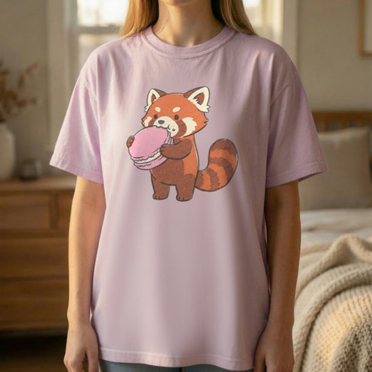 Woman wearing orchid purple Red Panda Macaron Tee featuring sweet red panda with heart macaron