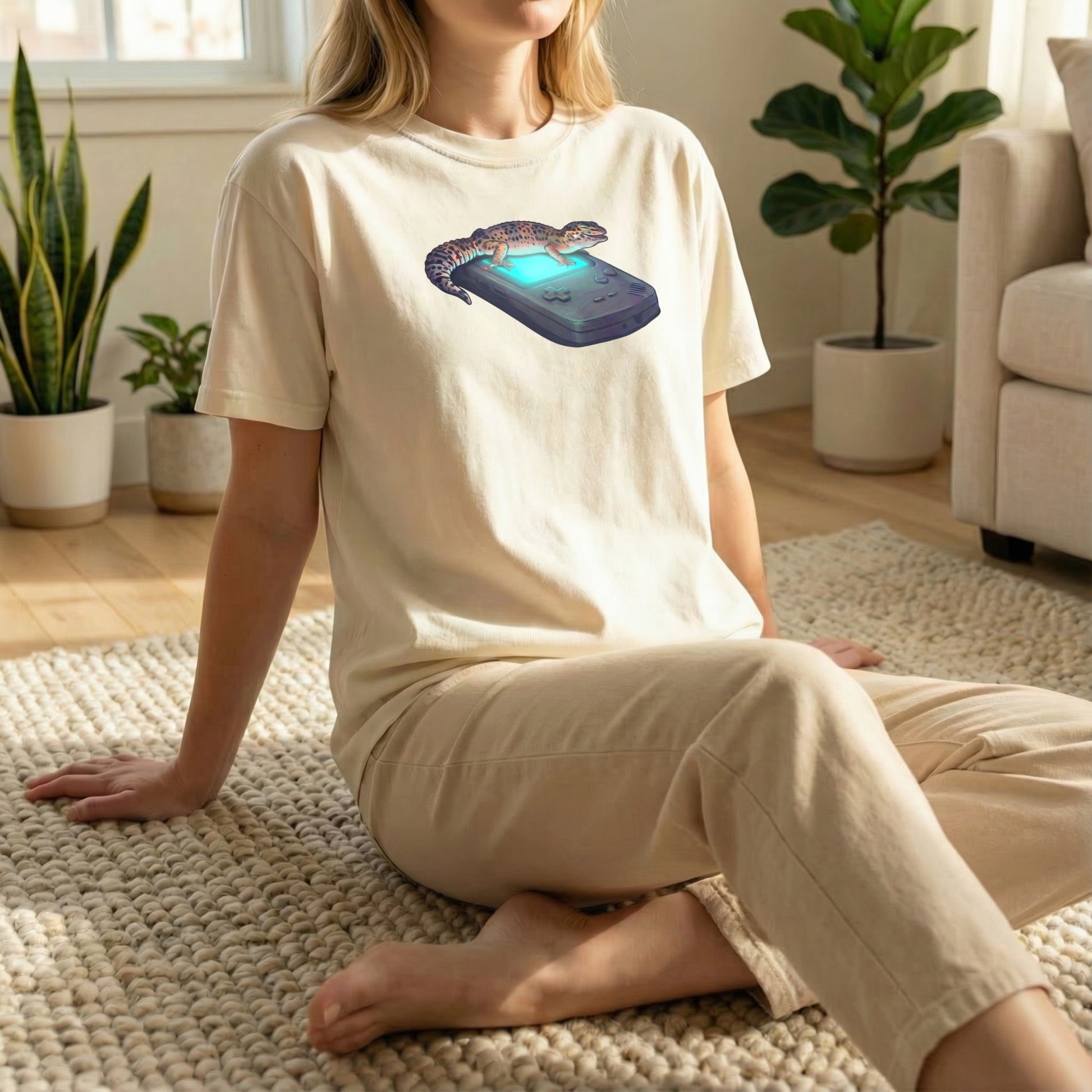 Retro Gecko tee shown in relaxed floor pose on ivory shirt with centered retro console illustration