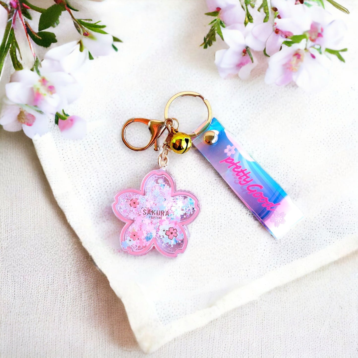 Sakura Liquid Quicksand Bag Charm Keychain from Confetti Kitty, Only 9.99
