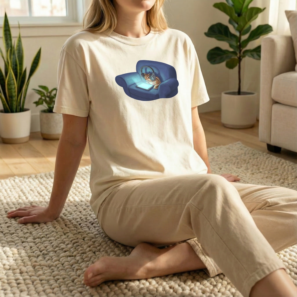 Screen Time Chipmunk tee shown in relaxed floor pose on ivory shirt with cozy illustration centered on chest