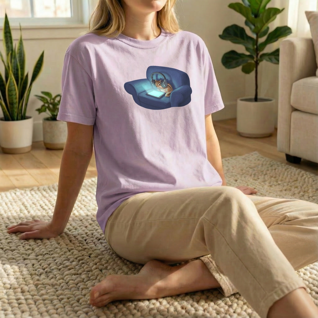 Screen Time Chipmunk tee worn in relaxed floor pose on orchid shirt with cozy chipmunk illustration