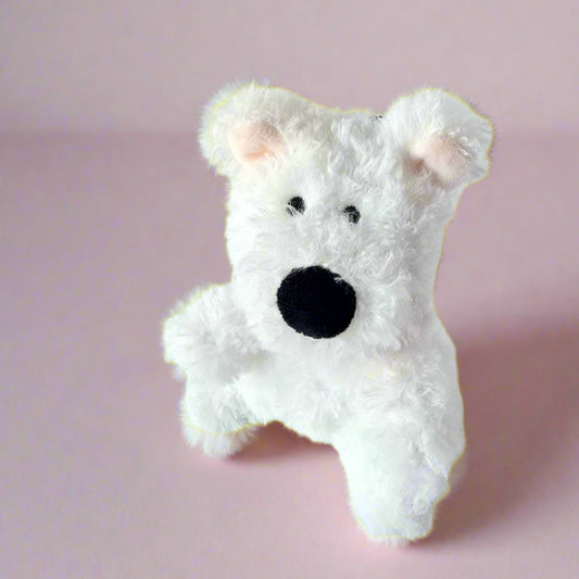 White plush puppy keychain with pink sparkly collar, front view