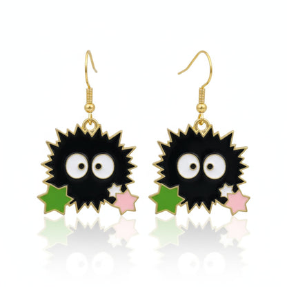 air of black sprite star dangle earrings with green and pink candies, gold hooks, on white background