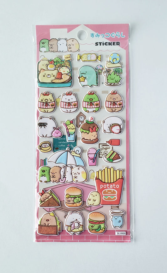 puffy Sumikko Gurashi café-themed sticker sheet on white background showing foam-backed character decals