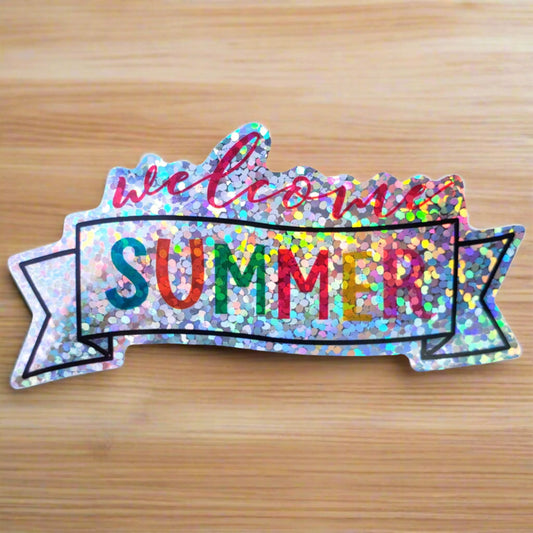 Holographic Rainbow Summer Vinyl Sticker with ’Welcome Summer’ banner design