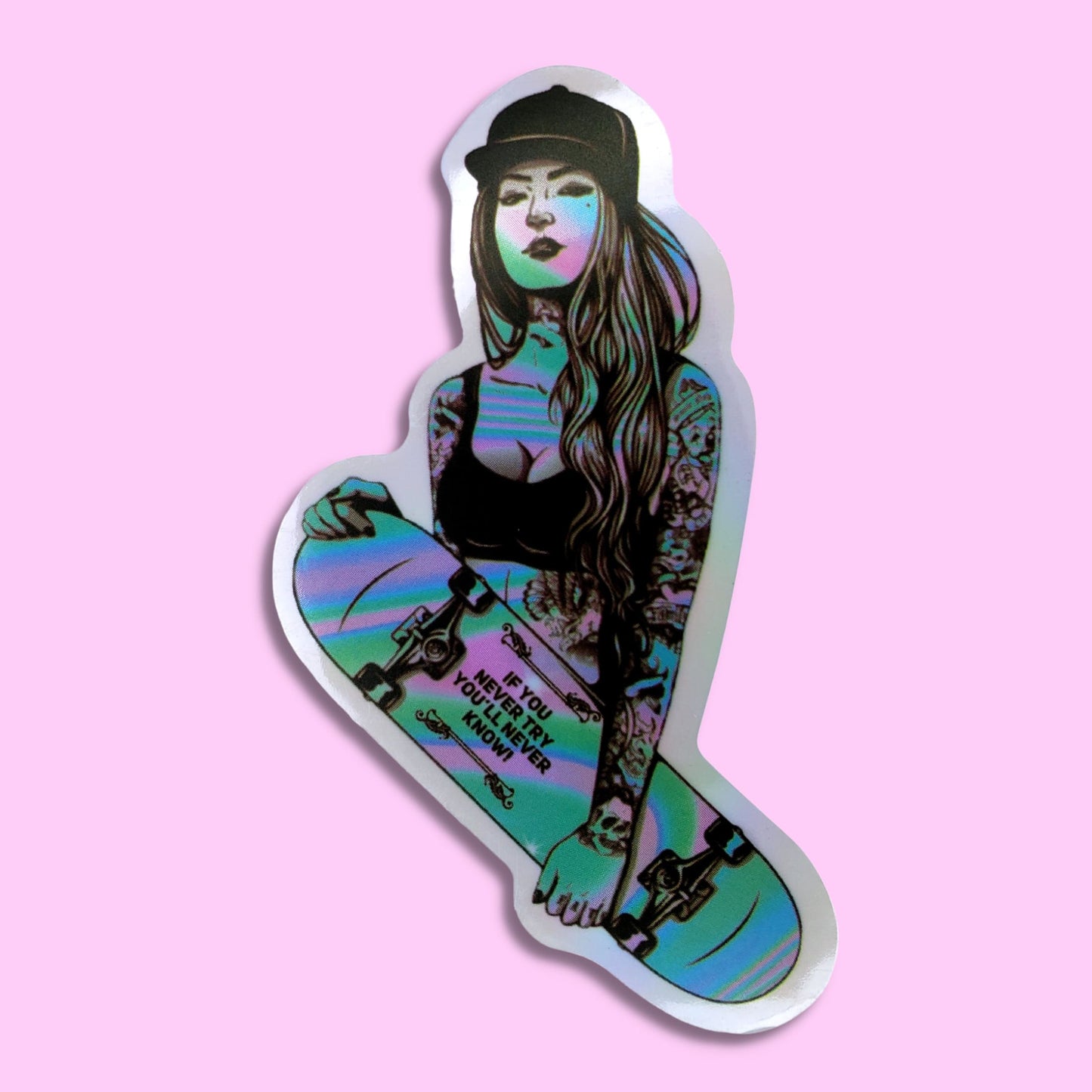 If You Never Try You'll Never Know Skater Girl Waterproof Holographic Sticker from Confetti Kitty, Only 1.0