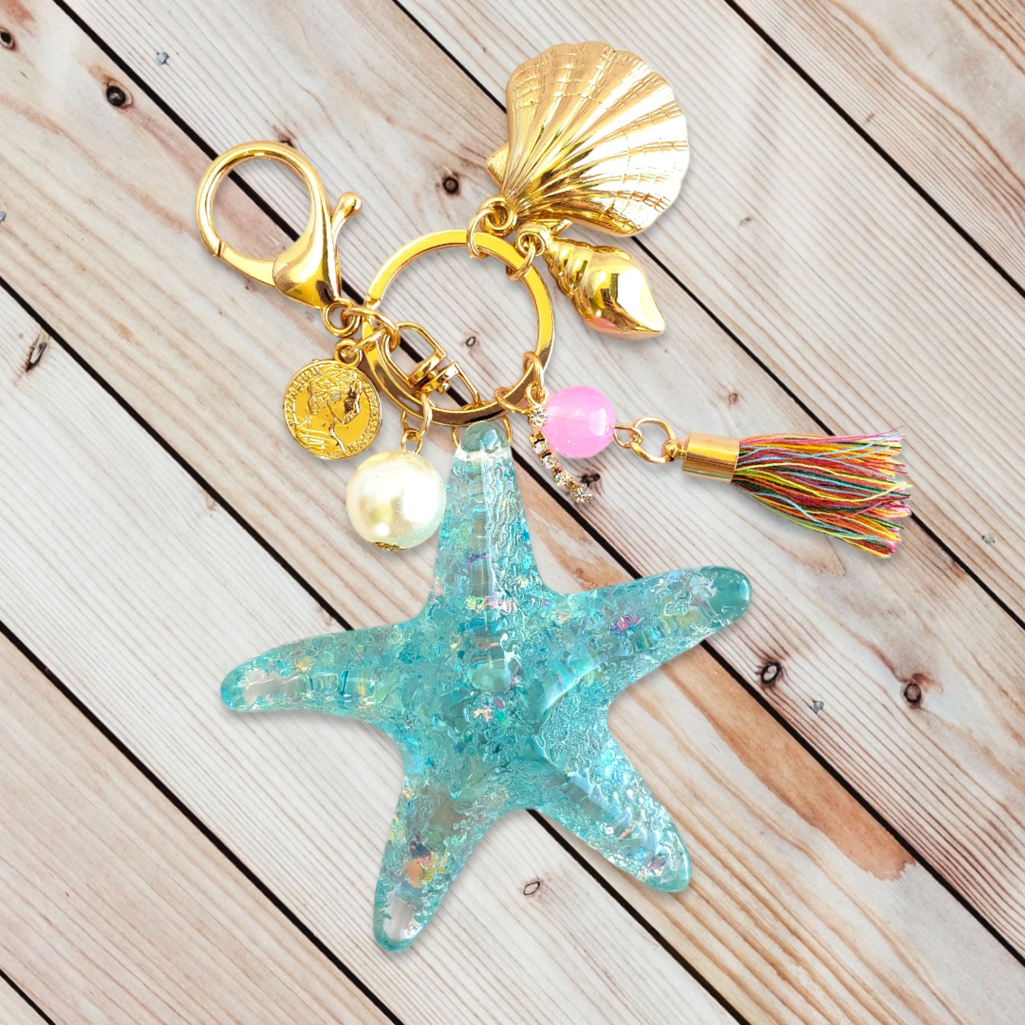 Blue Resin Starfish Tassel Charm Keychain from Confetti Kitty, Only 7.99