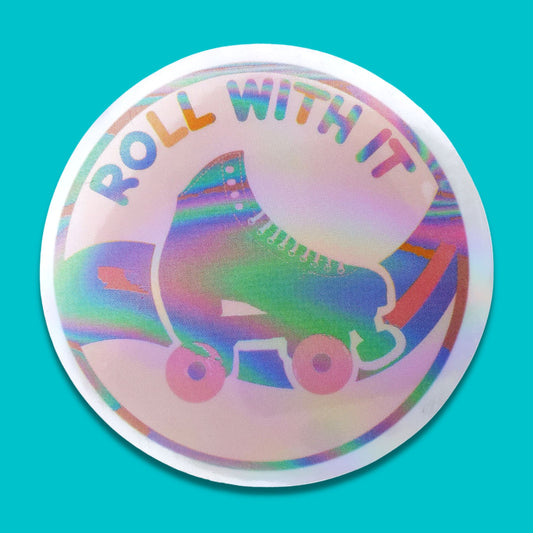 Roll With It Roller Skate Waterproof Holographic Sticker from Confetti Kitty, Only 1.0