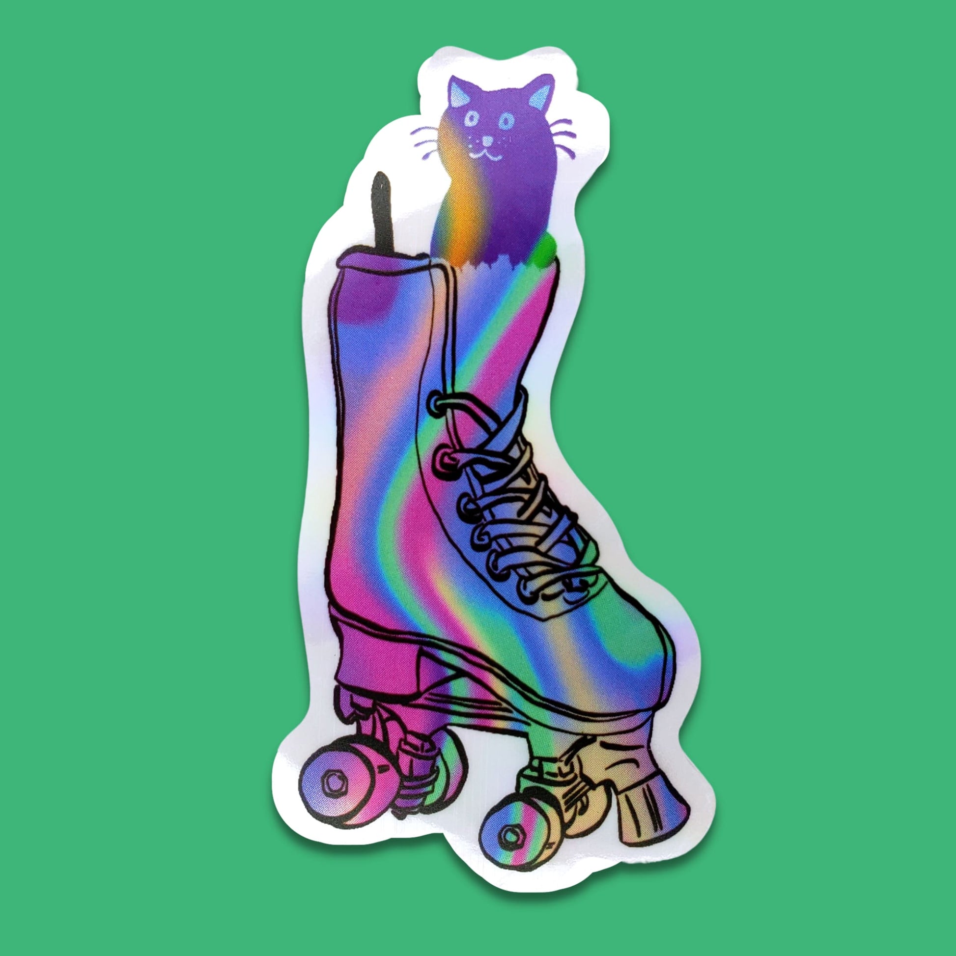 Cat in Roller Skate Waterproof Holographic Sticker