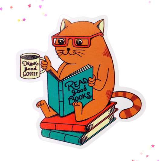 Coffee, Cats, and a Good Book Waterproof Sticker from Confetti Kitty, Only 1.00