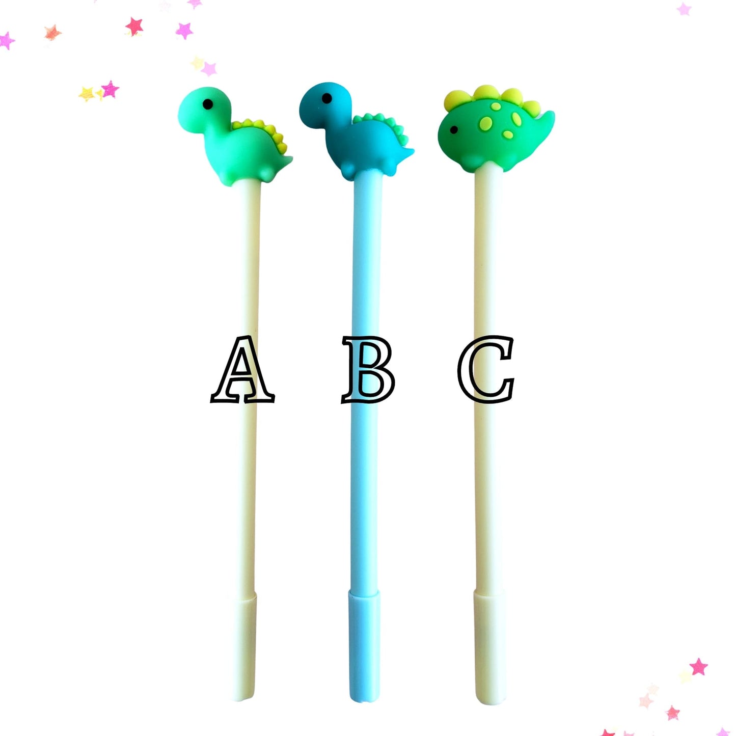 Three dinosaur pen toppers labeled A, B, C on a white background