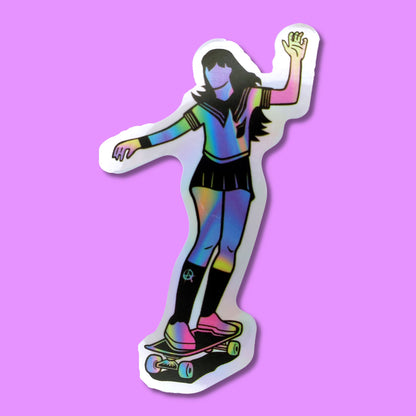 Girl on Skateboard Waterproof Holographic Sticker from Confetti Kitty, Only 1.0