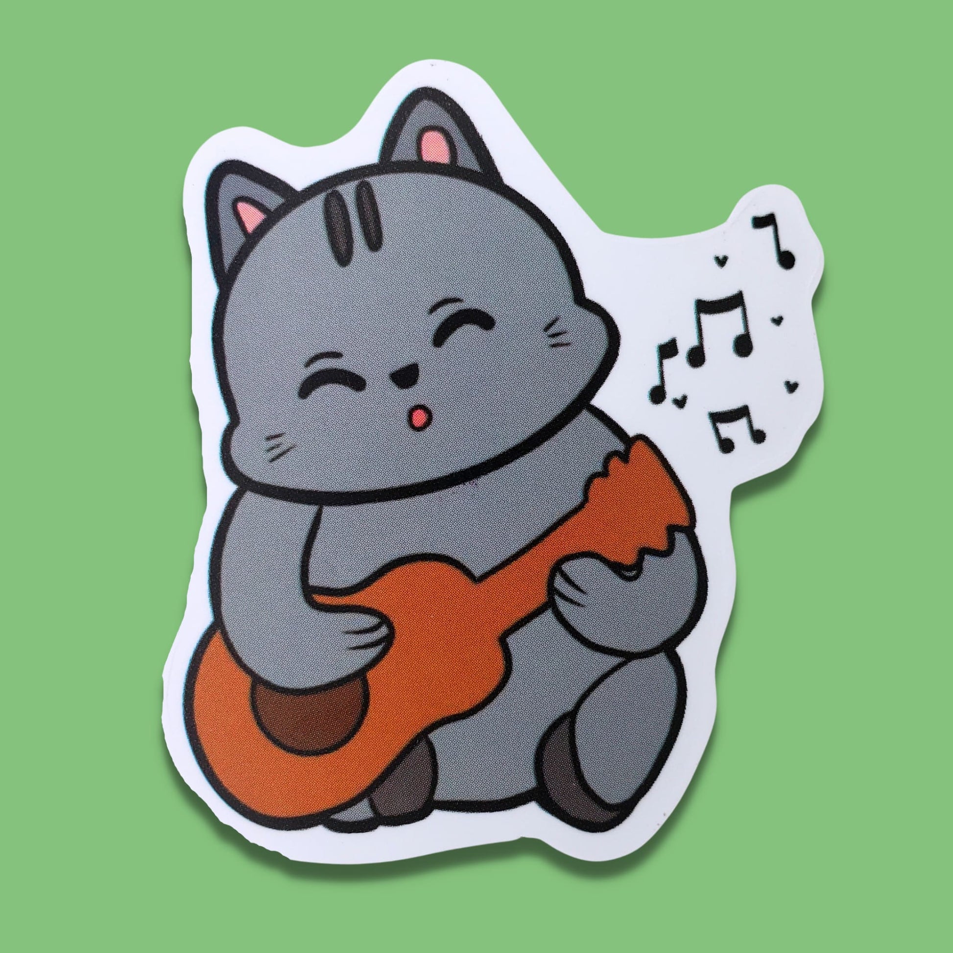 Gray Cat Playing Ukulele Waterproof Sticker | Bard Cat from Confetti Kitty, Only 1.00