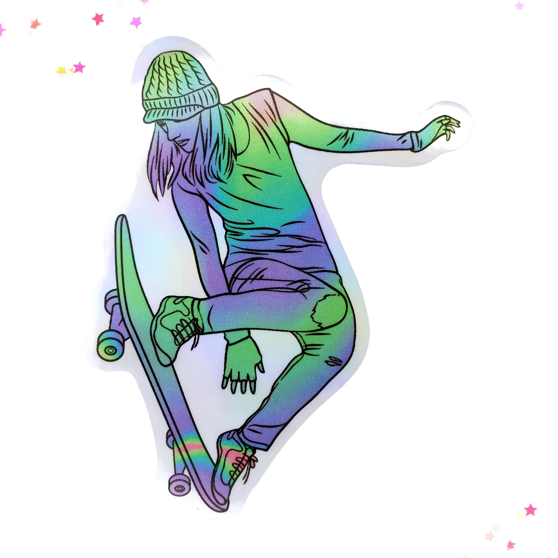 Green Blue Purple Gradient Skater Girl Waterproof Holographic Sticker from Confetti Kitty, Only 1.00